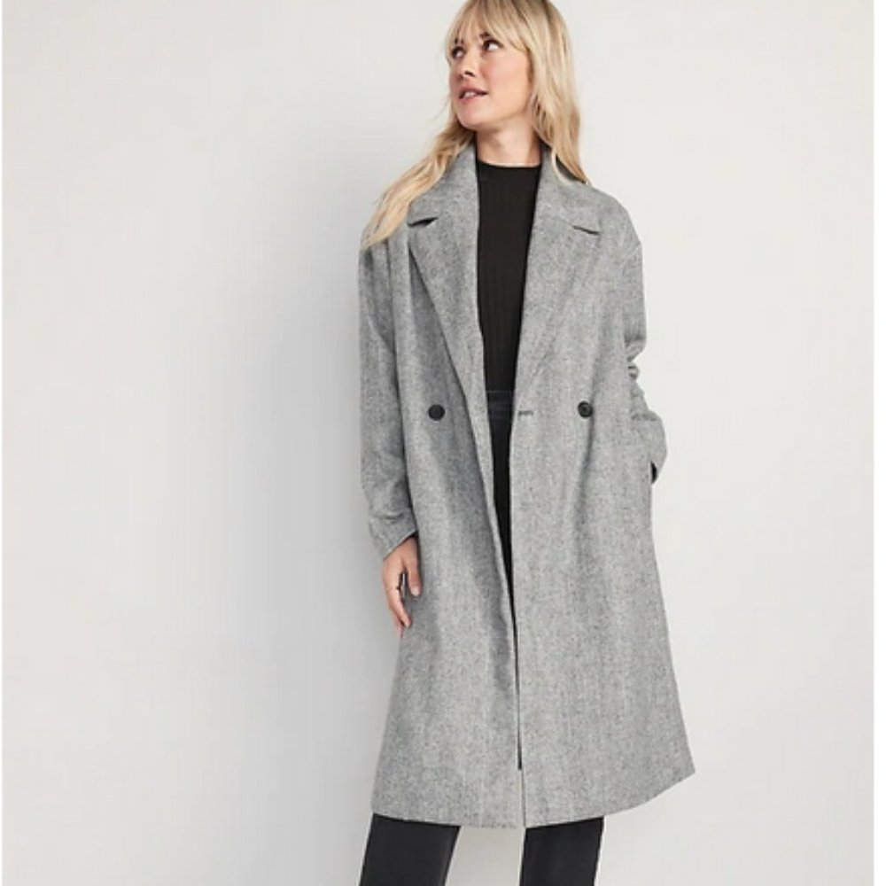 Old Navy long slouchy double-breasted coat Jacket small tall grey Houndstooth - Picture 1 of 14